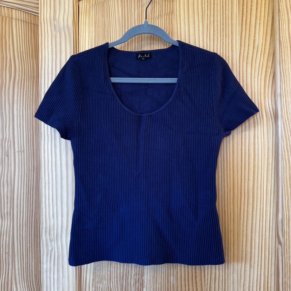 Marled Deep Blue Ribbed Short Sleeve Top